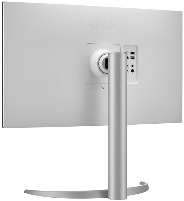 Tył białego monitora LG ze srebrną podstawą i portami.