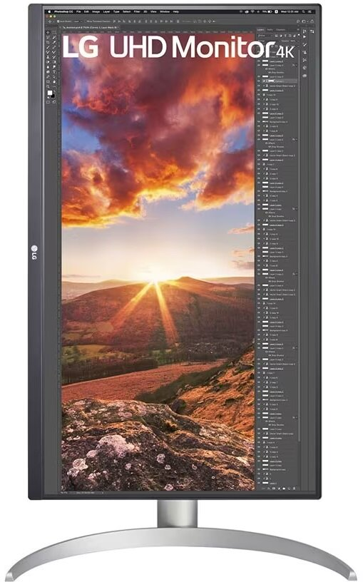Monitor LG UHD w trybie portretowym wyświetla zdjęcie krajobrazu, widoczne oprogramowanie.