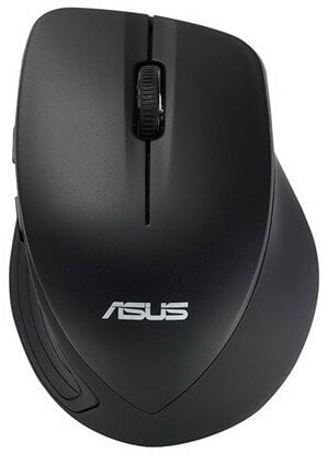 Czarna mysz bezprzewodowa ASUS z kółkiem przewijania i logo ASUS. Tło białe.