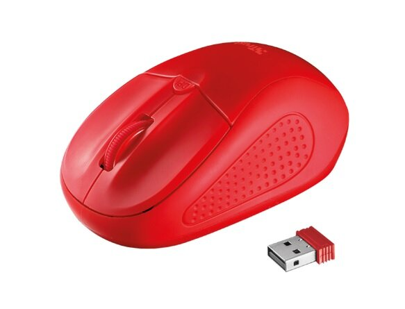 Czerwona mysz komputerowa z kółkiem przewijania i odbiornikiem USB. Mysz ma zakrzywiony kształt.