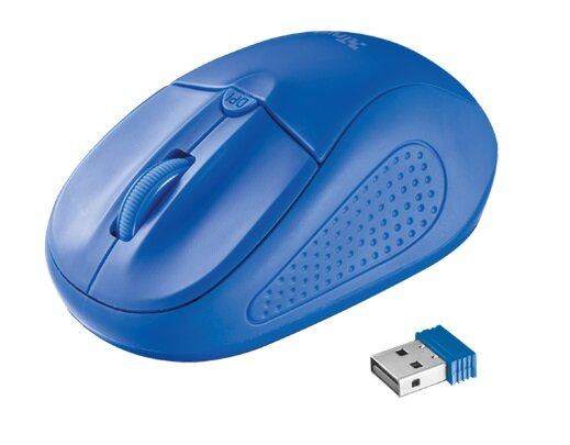 Niebieska mysz komputerowa z kółkiem przewijania, dwoma przyciskami i odbiornikiem USB. Na myszy wydrukowano 'DPI'.