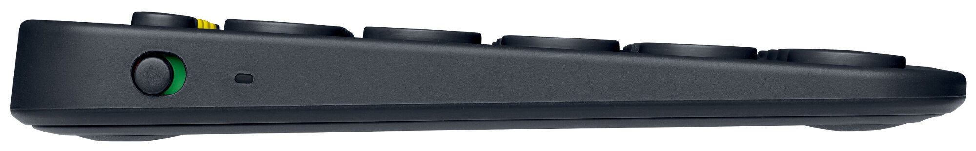 Czarna mysz z wyjmowaną niebieską kulką i portem do czyszczenia.