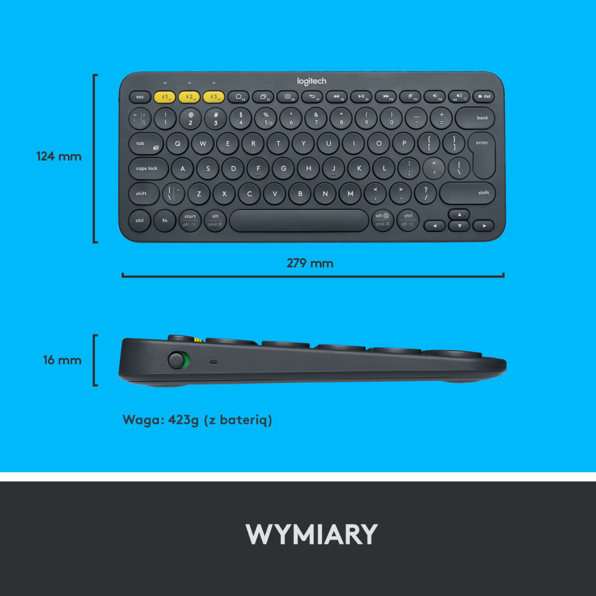 Klawiatura Logitech z wymiarami: 279 mm szerokości, 124 mm wysokości i 16 mm grubości. Waga 423 g.