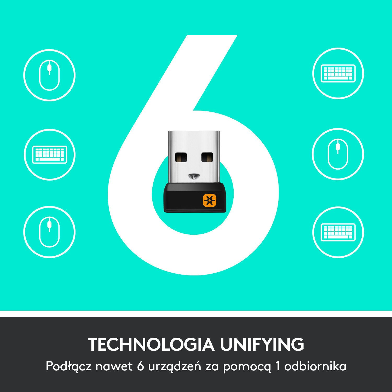 Odbiornik Logitech Unifying z ilustracjami myszy, klawiatury i dużej liczby sześć.