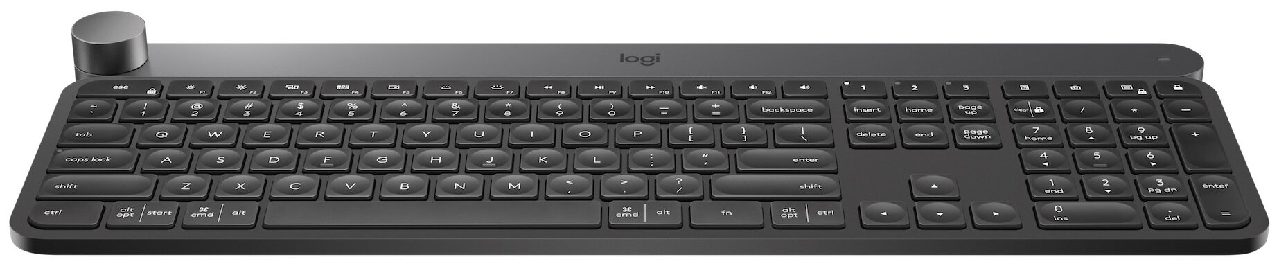 Czarna klawiatura ze srebrnym pokrętłem przewijania. Klawisze są białe z czarnymi literami i symbolami.