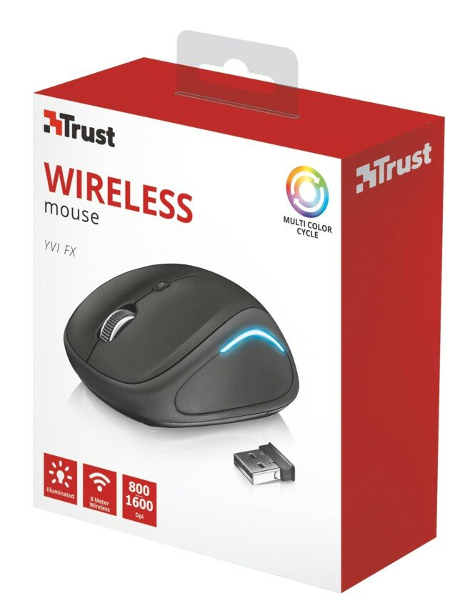 Mysz bezprzewodowa Trust w czerwono-białym pudełku, z tekstem.