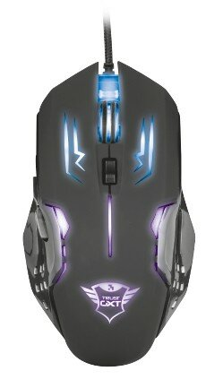 Czarna mysz do gier z niebieskimi i fioletowymi światłami. Posiada wiele przycisków i przewód.