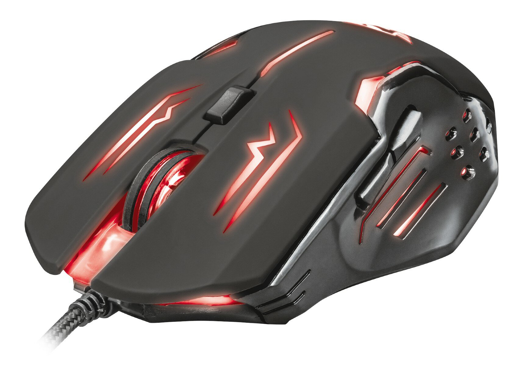 Czarna mysz do gier z czerwonymi światłami. Posiada kabel i kilka przycisków. Powierzchnia jest błyszcząca.