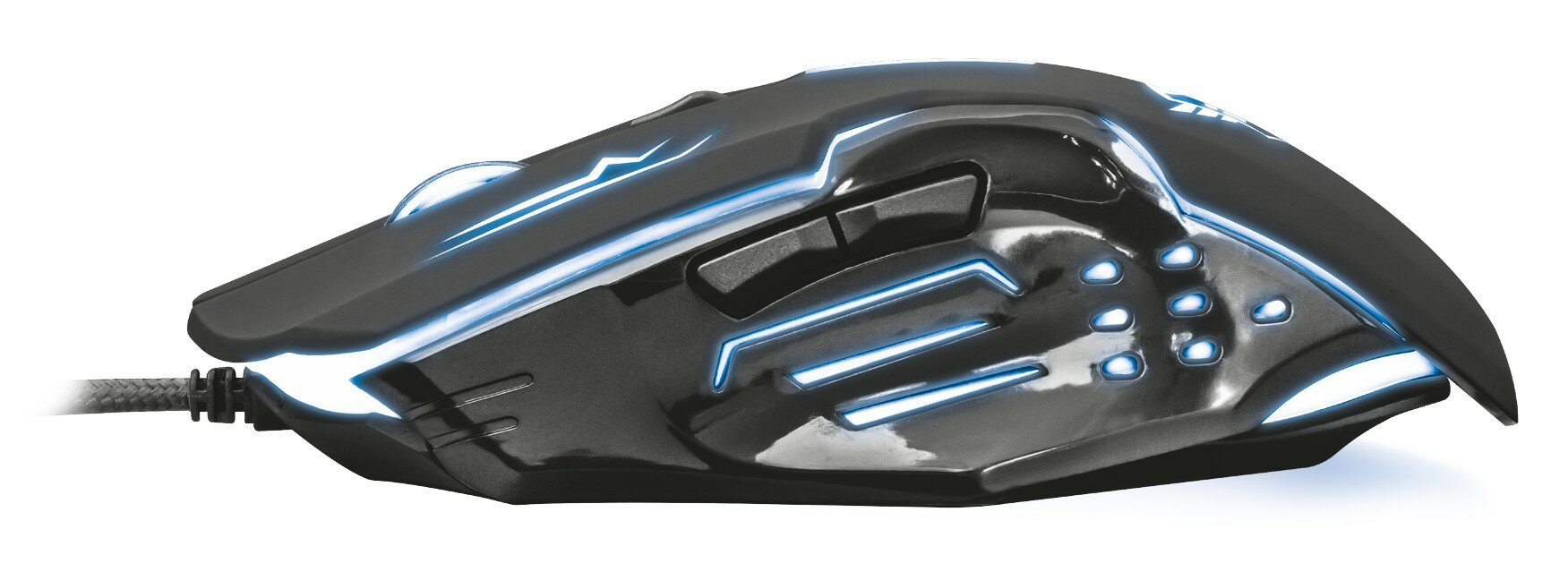 Czarna mysz do gier z niebieskimi światłami. Ma przyciski i kabel.