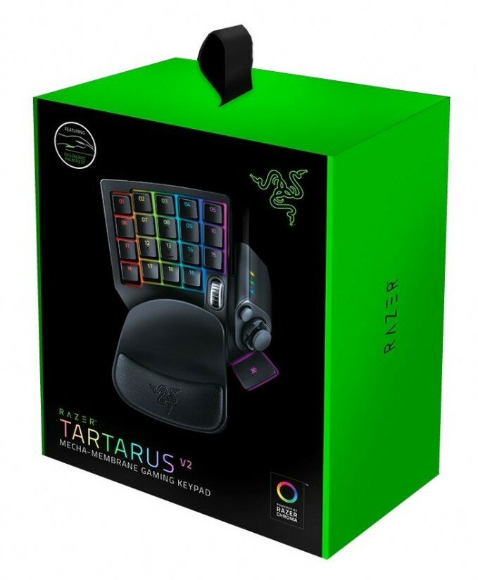 Klawiatura do gier Razer Tartarus V2. Posiada zielone pudełko, klawiaturę i podpórkę pod kciuk.