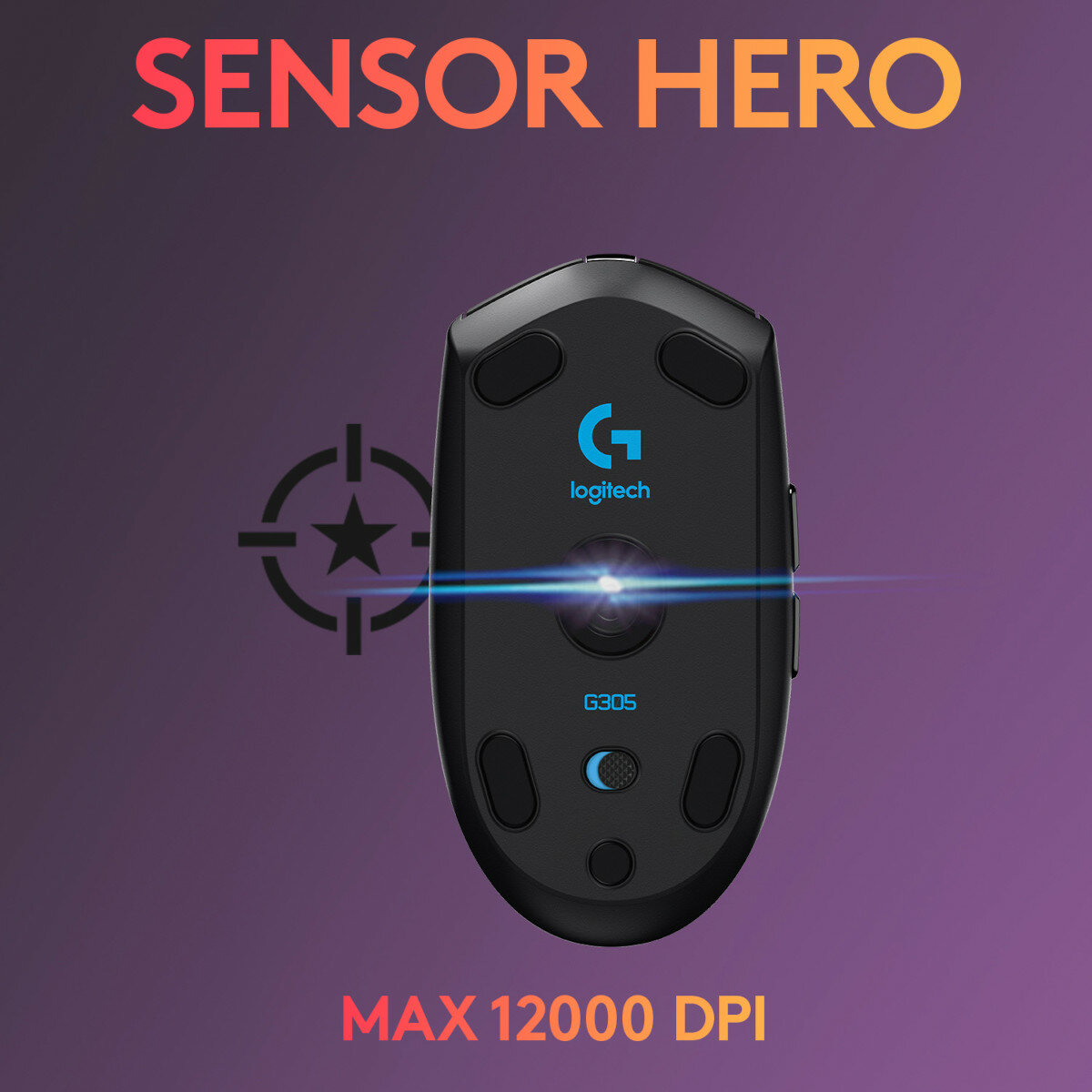 Czarna mysz Logitech z logo i tekstem Sensor Hero i Max 12000 DPI.