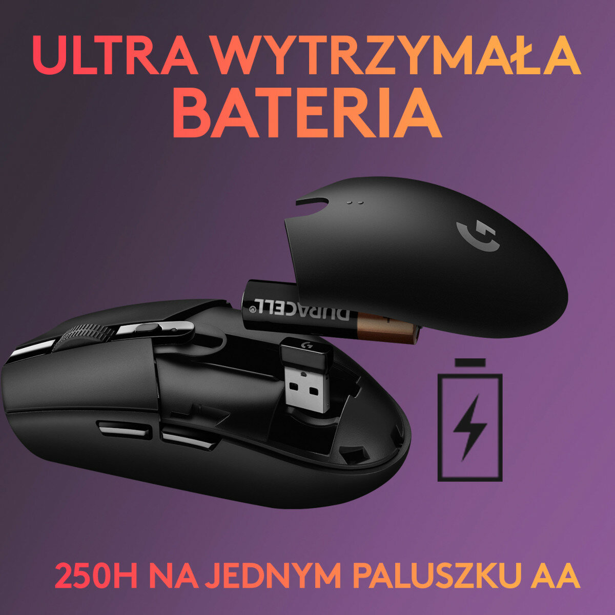 Czarna mysz z baterią i baterią AA. Tekst: Ultra wytrzymała bateria, 250h na baterii AA.