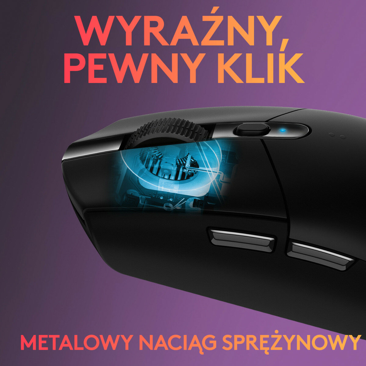 Zbliżenie czarnej myszy z mechanizmem sprężynowym i tekstem.