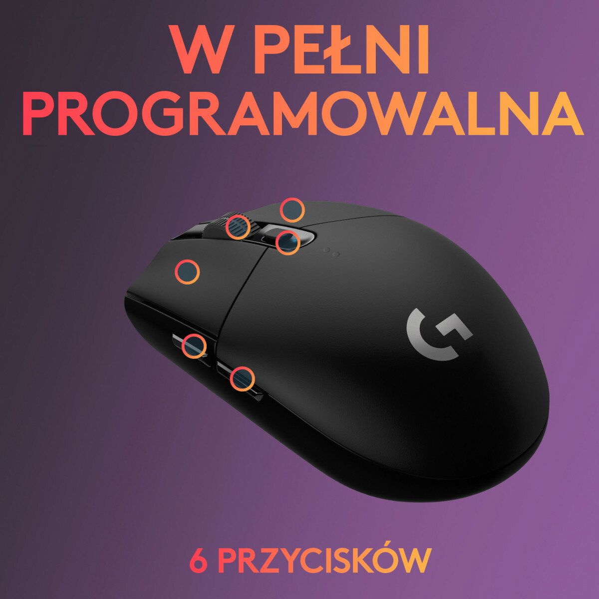 Czarna mysz do gier z 6 przyciskami. Tekst: 'W pełni programowalna' i '6 przycisków'.