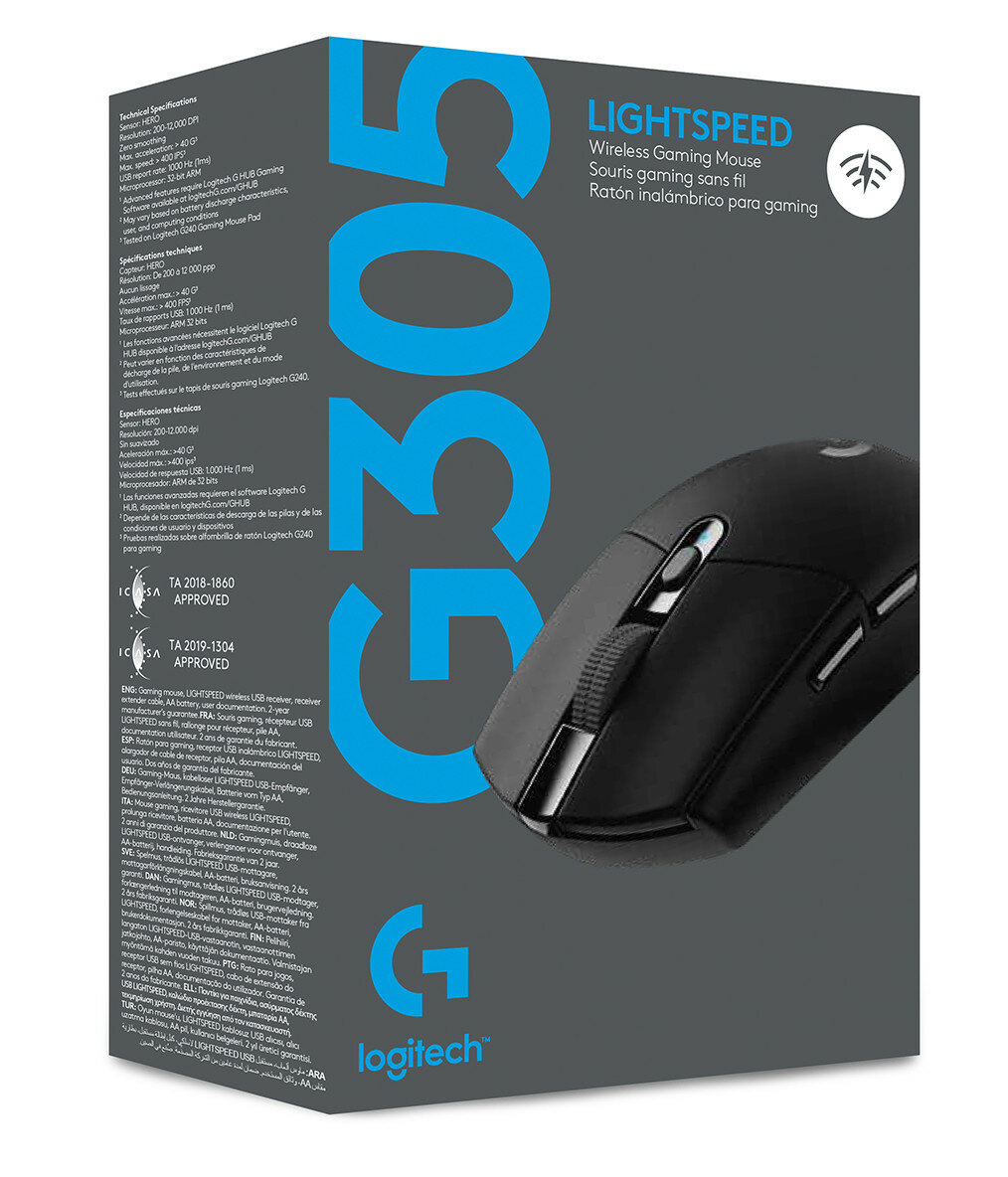 Pudełko myszy do gier bezprzewodowej Logitech G305 Lightspeed. Pudełko jest szare i czarne ze zdjęciem myszy.