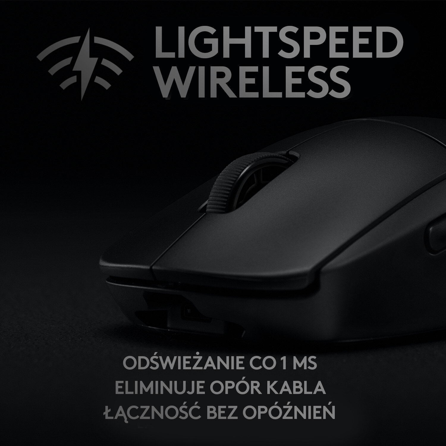 Czarna mysz bezprzewodowa z tekstem opisującym technologię Lightspeed Wireless.