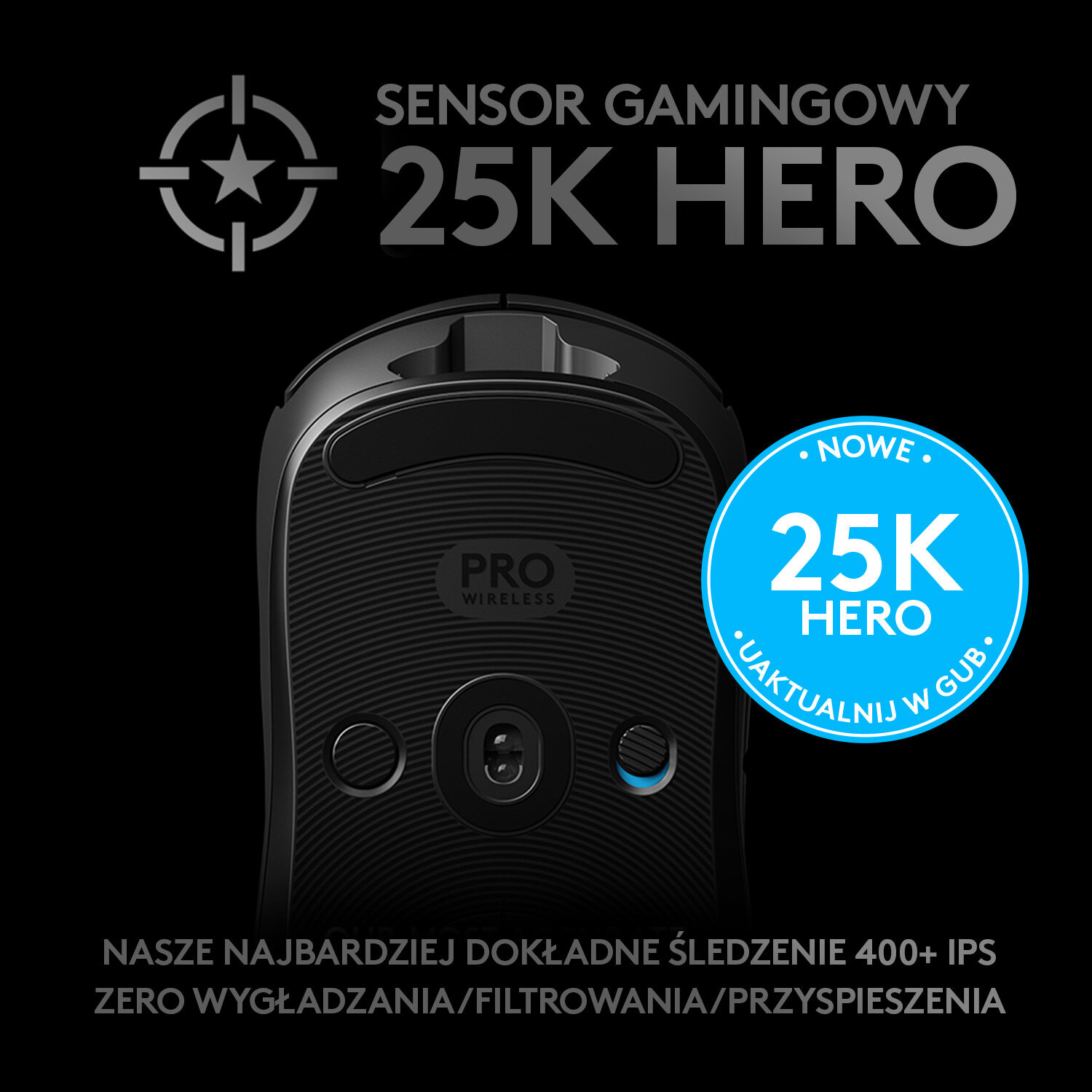Czarna mysz do gier z niebieskim okręgiem. Tekst brzmi: 25K HERO. Mysz jest na czarnym tle.