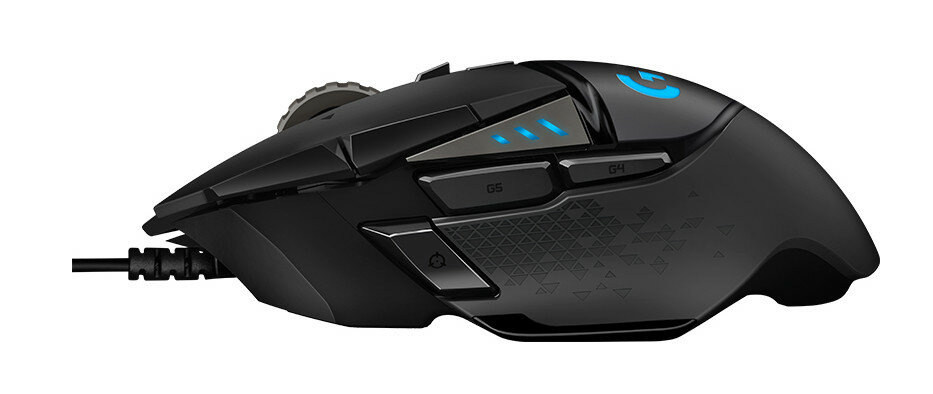 Czarna mysz do gier z przyciskami, kółkiem przewijania i niebieskimi światłami.