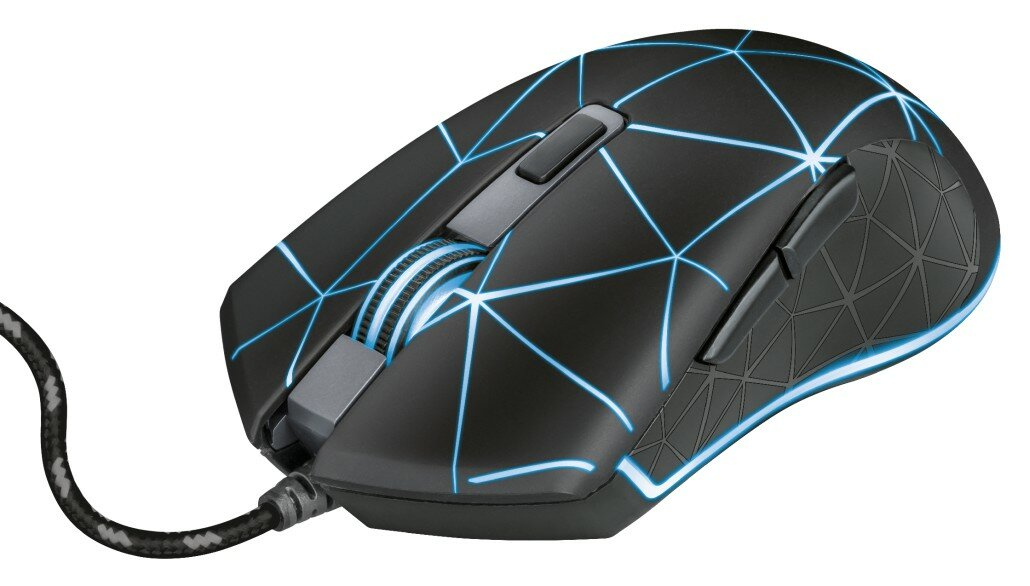 Czarna mysz do gier z niebieskim geometrycznym wzorem i połączeniem przewodowym. Mysz ma kółko przewijania.