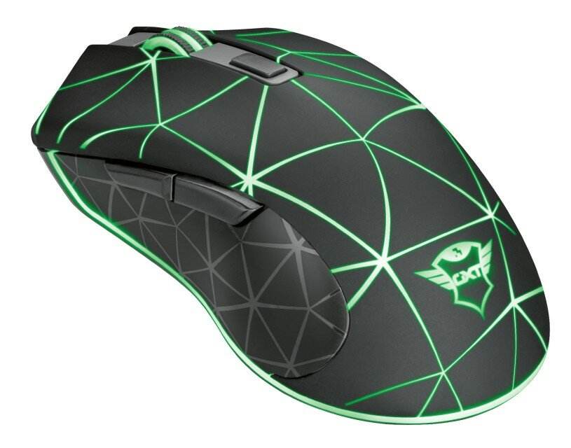 Czarna mysz do gier z zielonym, podświetlanym wzorem geometrycznym.