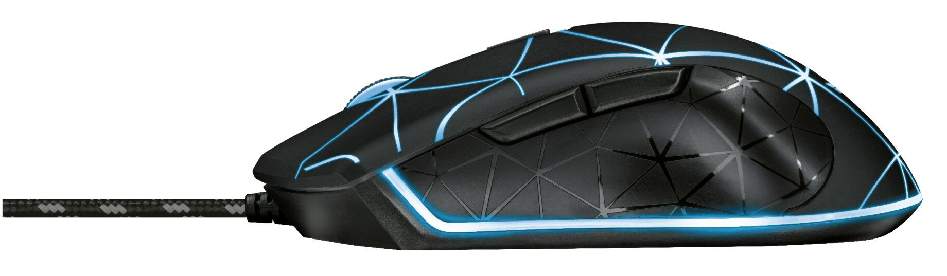 Czarna mysz z niebieskimi geometrycznymi liniami. Ma kabel i kółko przewijania.