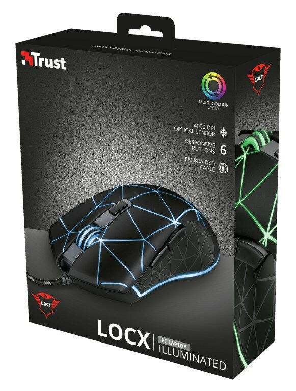 Czarna mysz gamingowa w pudełku, z niebieskimi akcentami i wymienionymi funkcjami.