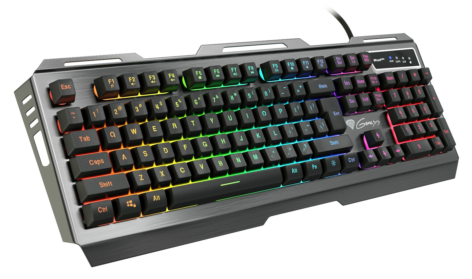 Czarna klawiatura z kolorowymi podświetlanymi klawiszami. Ma metalową konstrukcję.