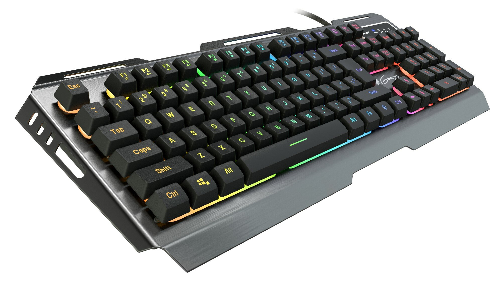 Klawiatura z różnymi kolorowymi klawiszami i metalową ramą.