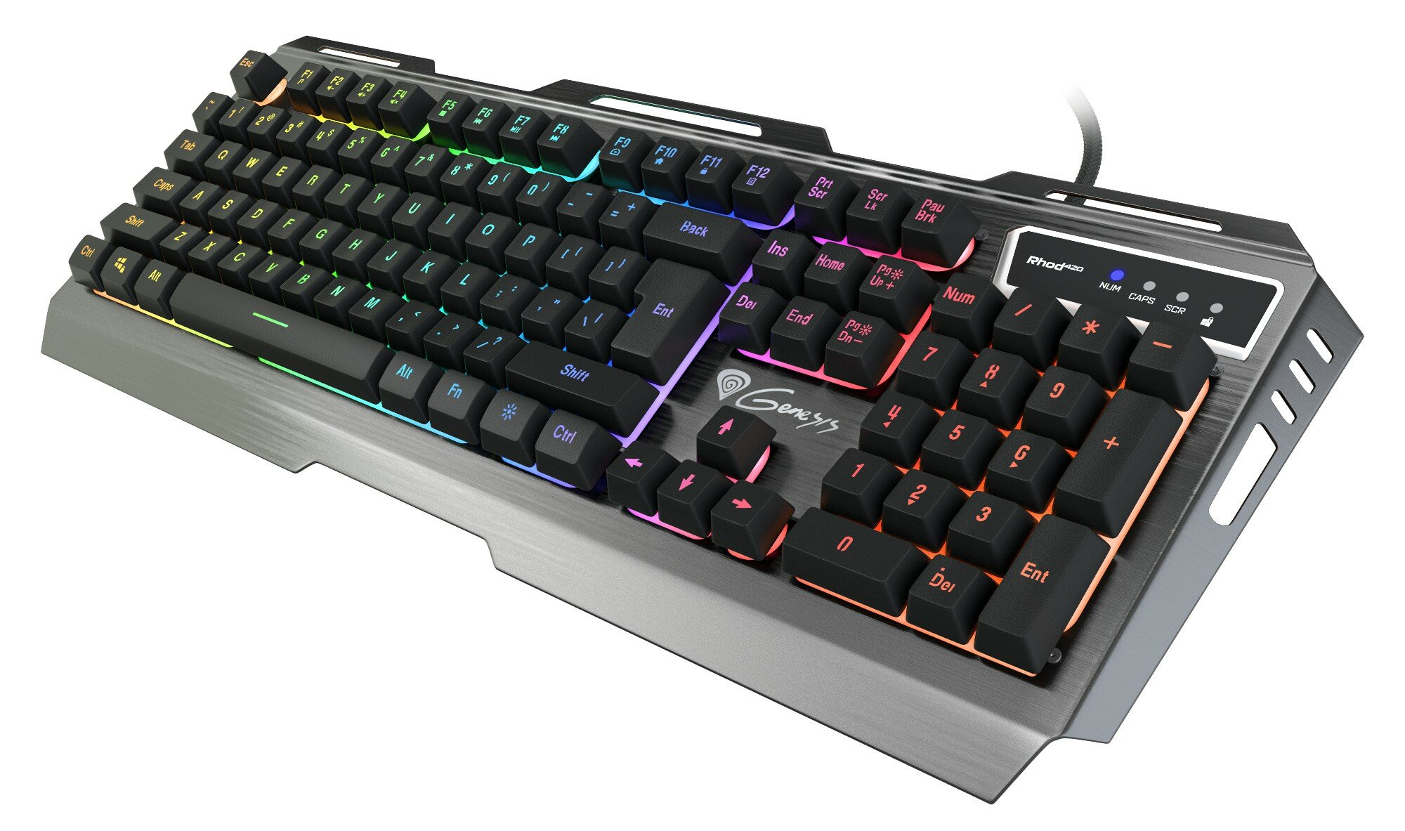 Klawiatura do gier RGB z metalową ramą. Klawisze są czarne, z kolorowym podświetleniem.