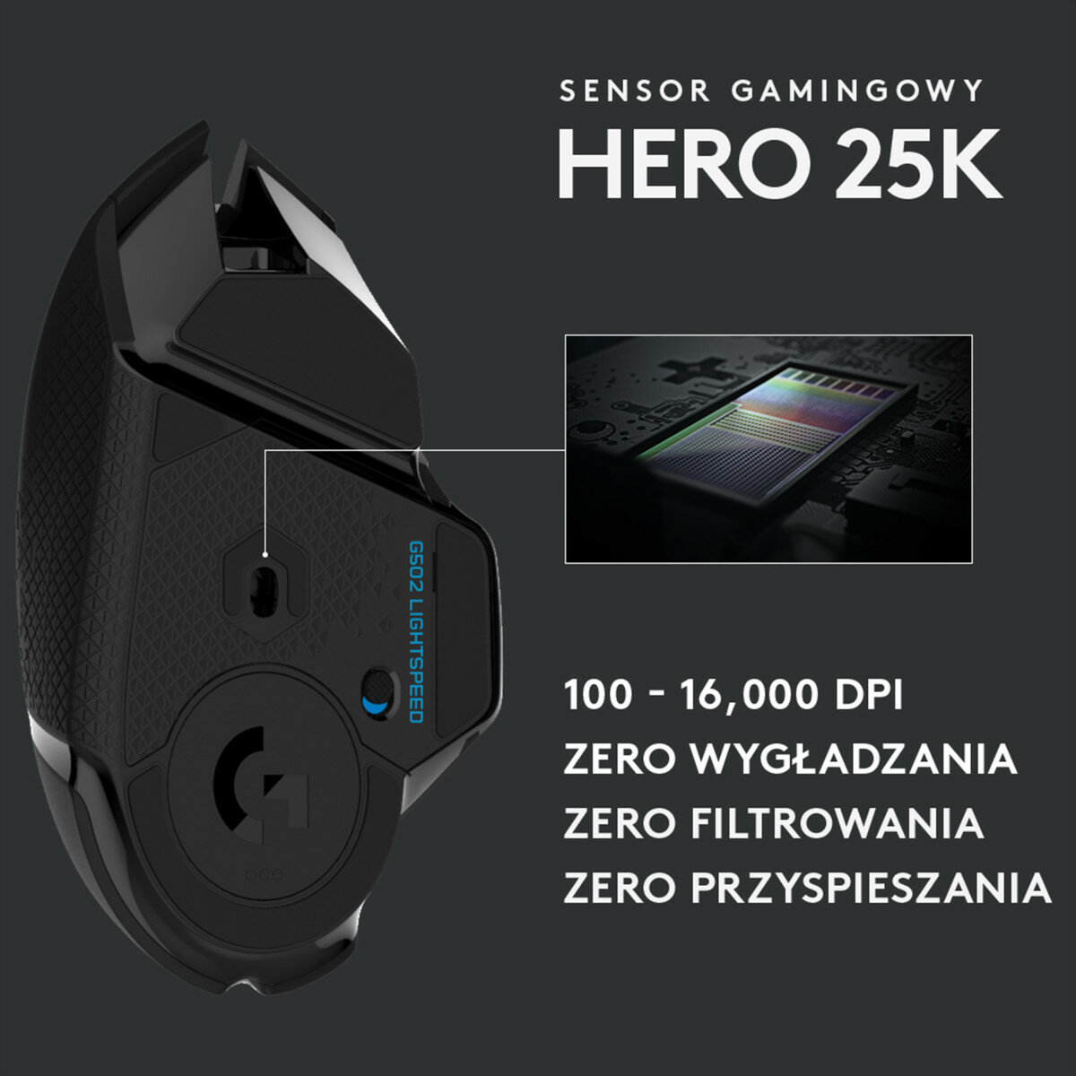 Czarna mysz do gier. Tekst: czujnik HERO 25K, 100-16 000 DPI, zerowe wygładzanie, filtrowanie i przyspieszenie.