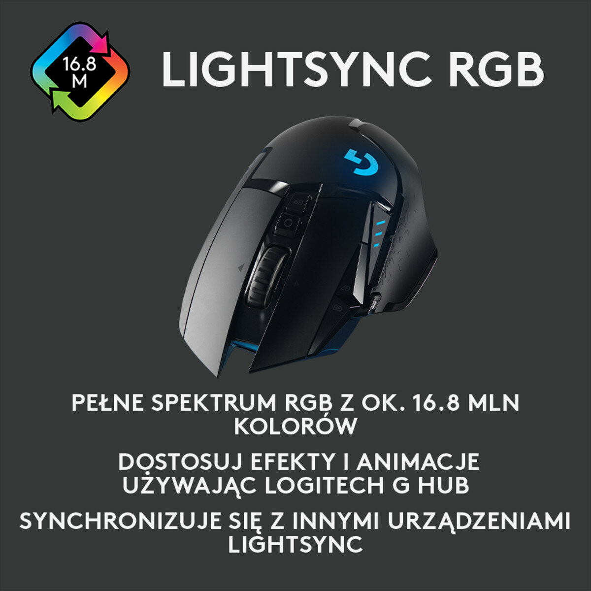 Mysz gamingowa Logitech. Czarna, z podświetleniem RGB.  Posiada LIGHTSYNC RGB i 16,8M kolorów.