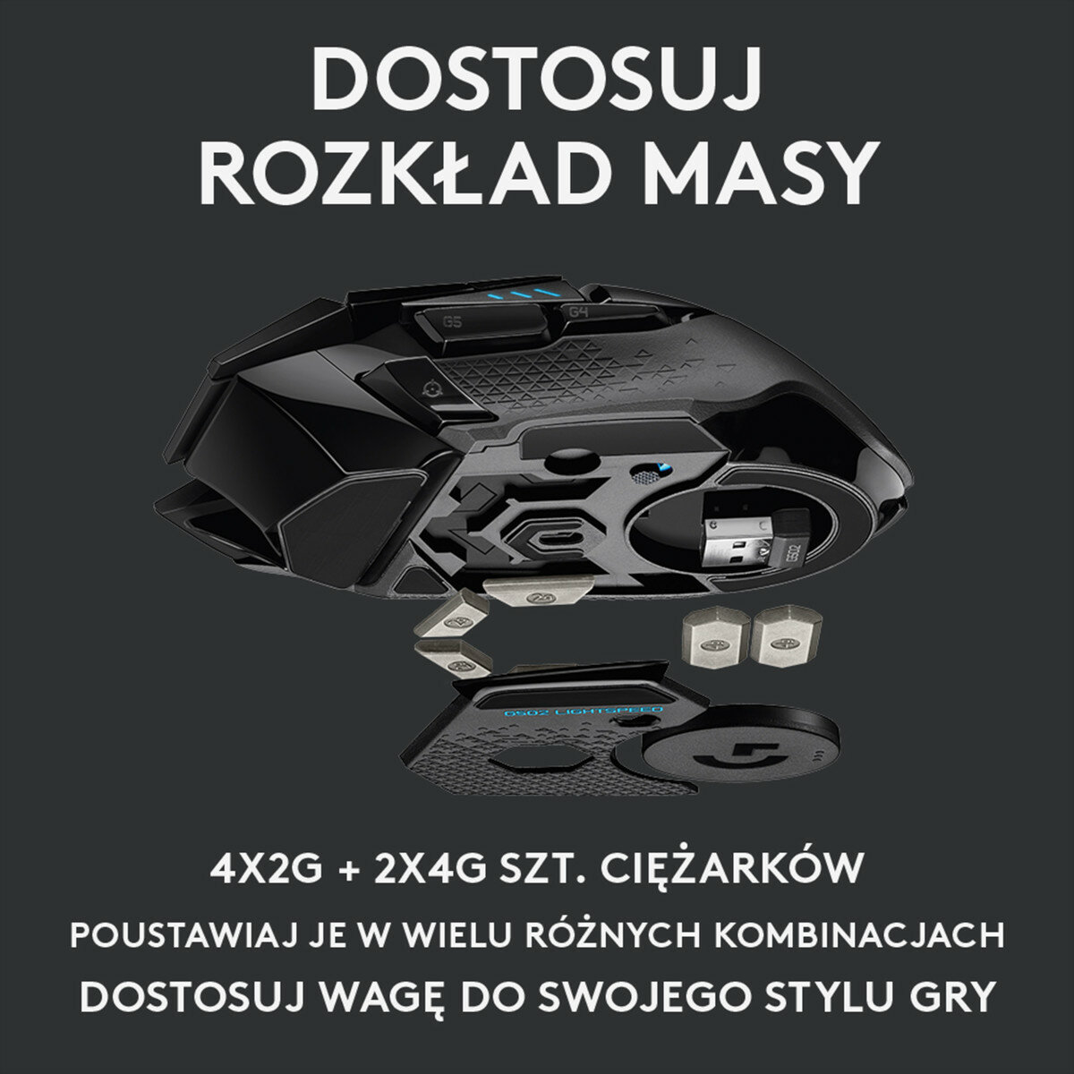 Mysz do gier z wyjmowanymi ciężarkami i tekstem „Dostosuj wagę”.