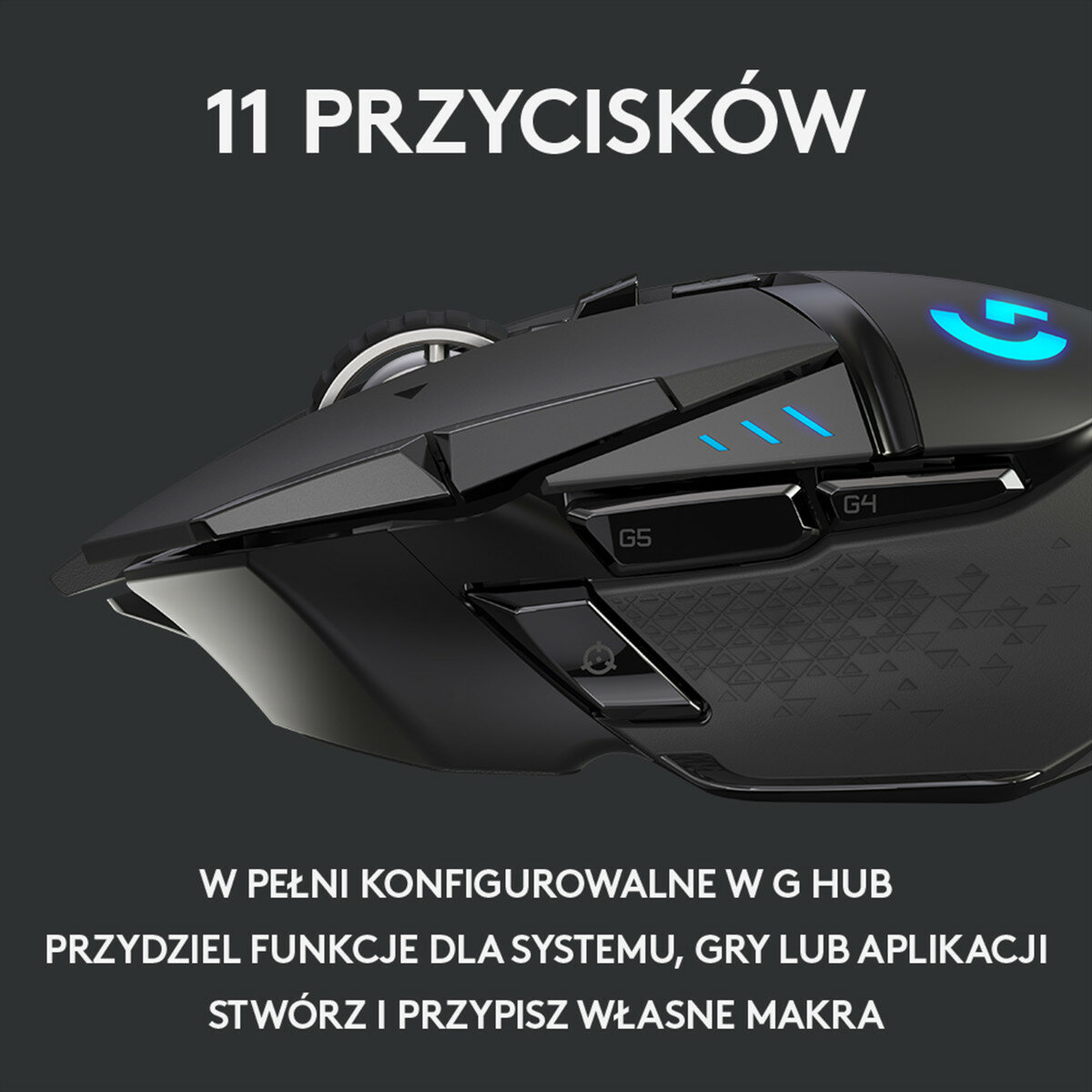 Czarna mysz gamingowa z 11 przyciskami, oznaczona G5 i G4.