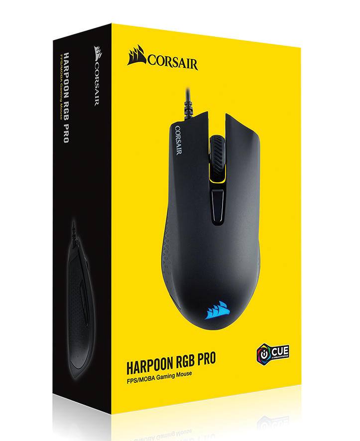 Mysz Corsair Harpoon RGB Pro z pudełkiem, czarna i żółta.