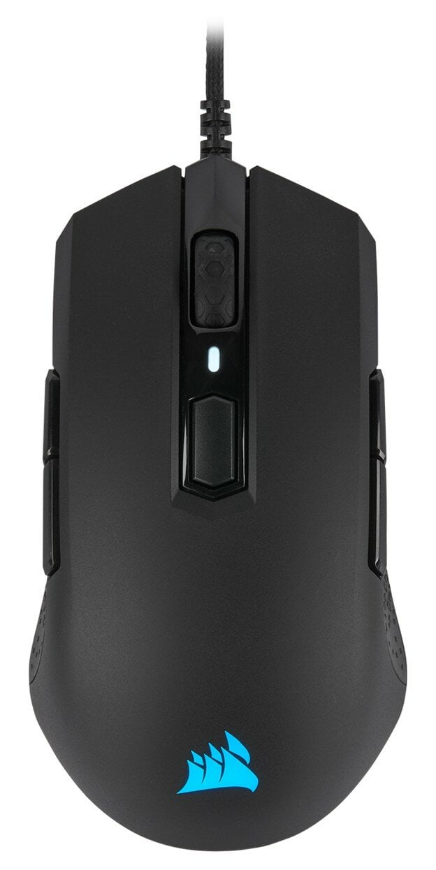 Czarna mysz do gier z bocznymi przyciskami i niebieskim logo.