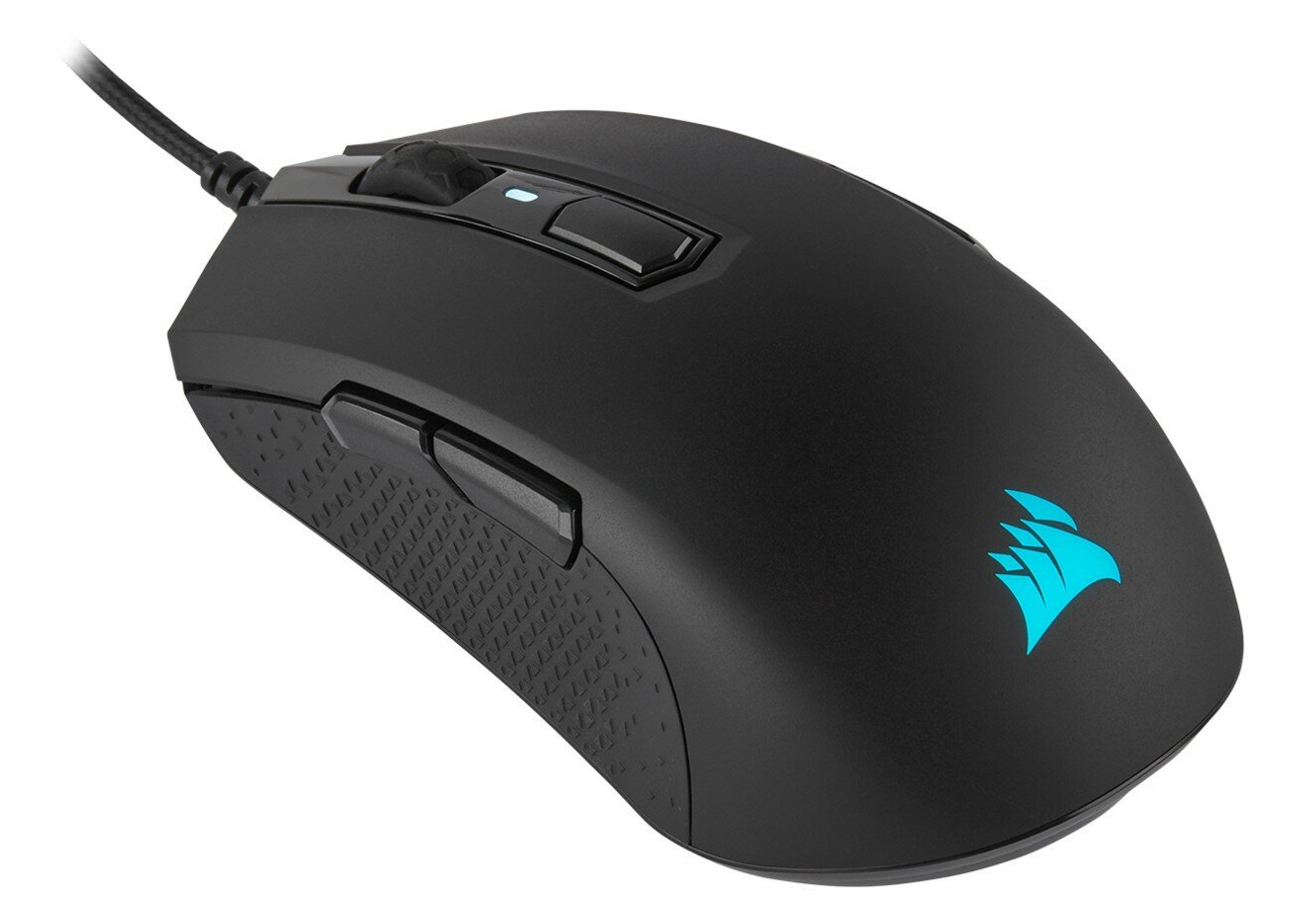 Czarna mysz do gier z niebieskim logo i teksturowanym uchwytem. Posiada kółko i dwa przyciski.