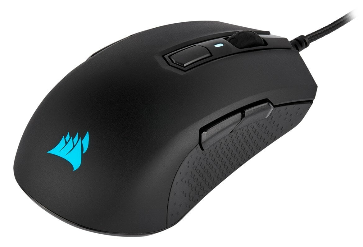 Czarna mysz z niebieskim logo i bocznymi przyciskami, przewodowa.