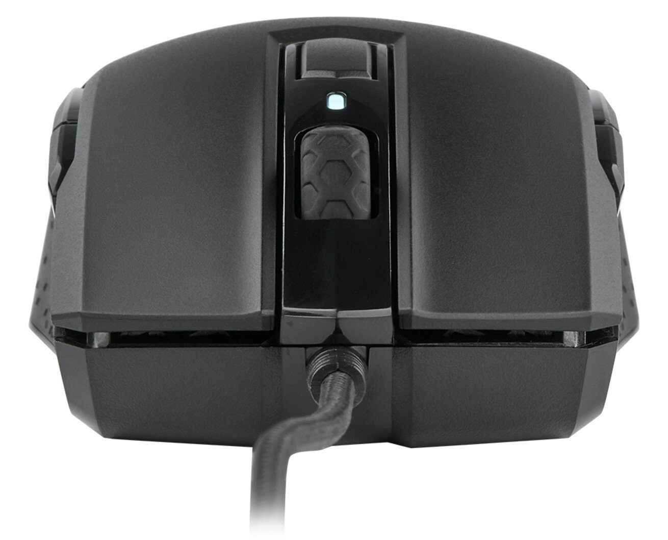 Czarna mysz komputerowa. Widok z góry z rolką, przyciskami i połączeniem kablowym.