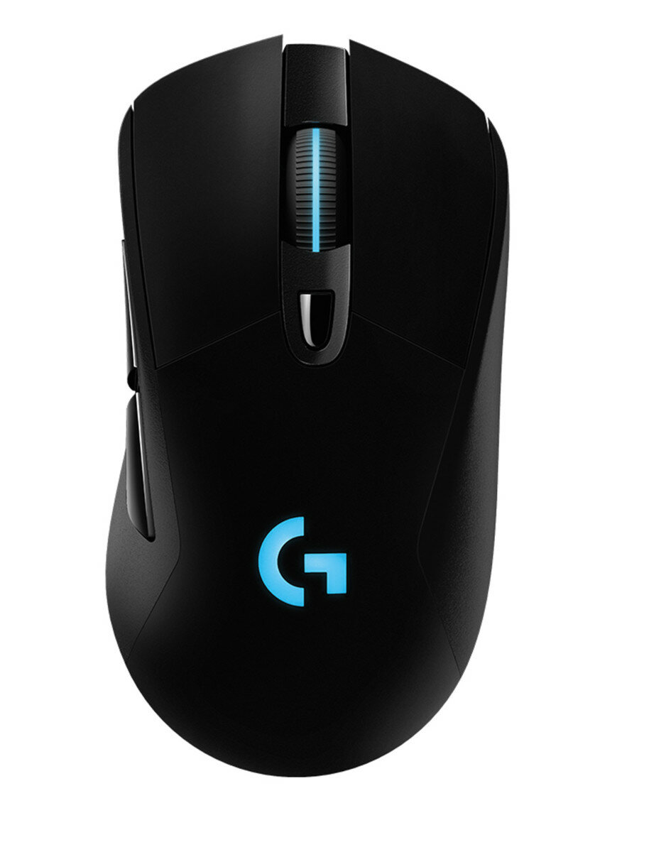 Czarna mysz bezprzewodowa z rolką i bocznymi przyciskami. Niebieskie światło na logo.