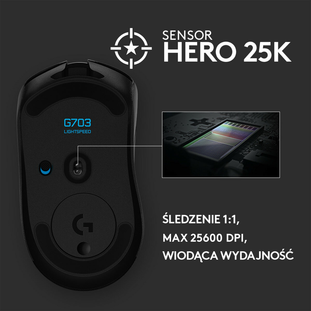 Mysz do gier Logitech G703 Lightspeed z czujnikiem Hero 25K i małym schematem.