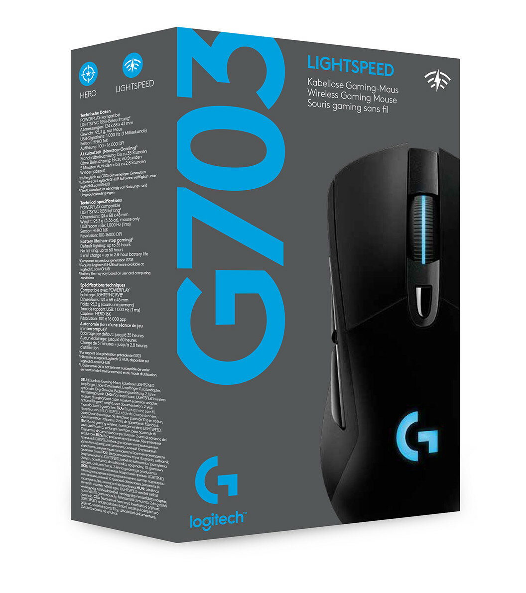 Pudełko myszy do gier bezprzewodowej Logitech G703 Lightspeed, z myszą widoczną z boku.