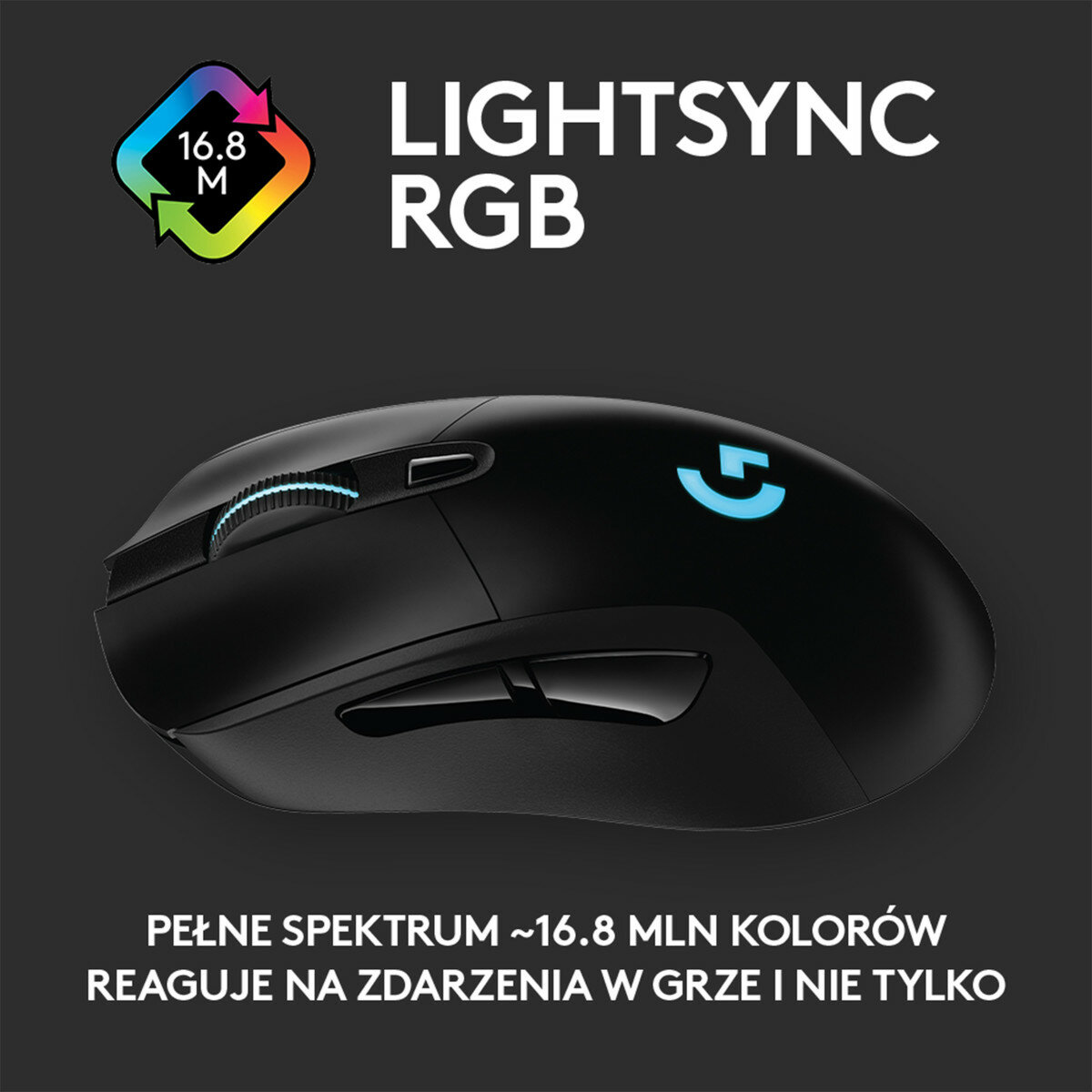 Czarna mysz do gier z Lightsync RGB i tekstem 'PEŁNE SPEKTRUM ~16.8 MLN KOLORÓW'.