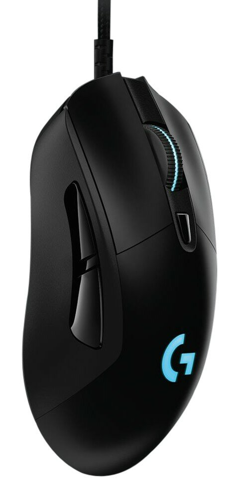 Czarna mysz gamingowa Logitech z niebieskim światłem na logo 'G' i kółku przewijania.