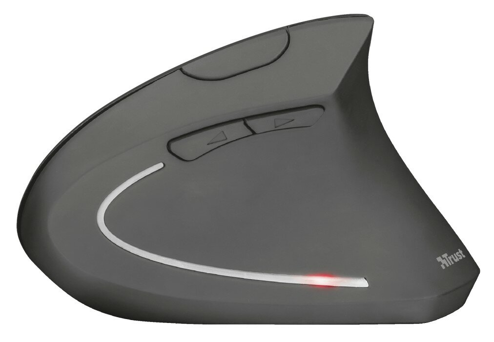 Szara, ergonomiczna mysz komputerowa. Ma dwa boczne przyciski i czerwone światło u podstawy.