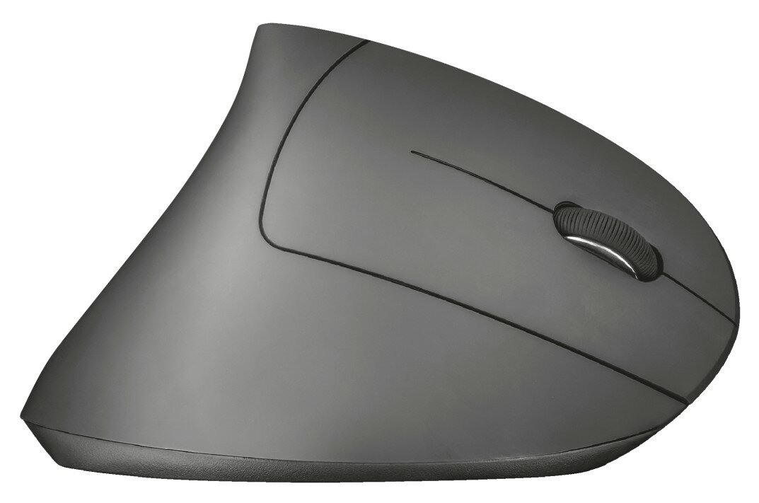 Szara, pionowa, ergonomiczna mysz. Została zaprojektowana tak, aby pasowała do dłoni i zmniejszała obciążenie.