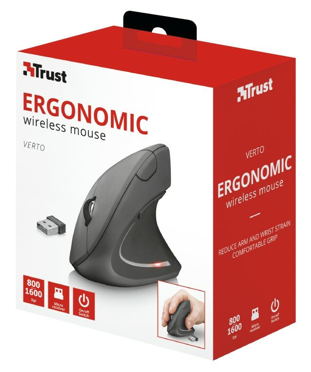 Ergonomiczna mysz bezprzewodowa w pudełku. Szara mysz, czerwono-białe pudełko.