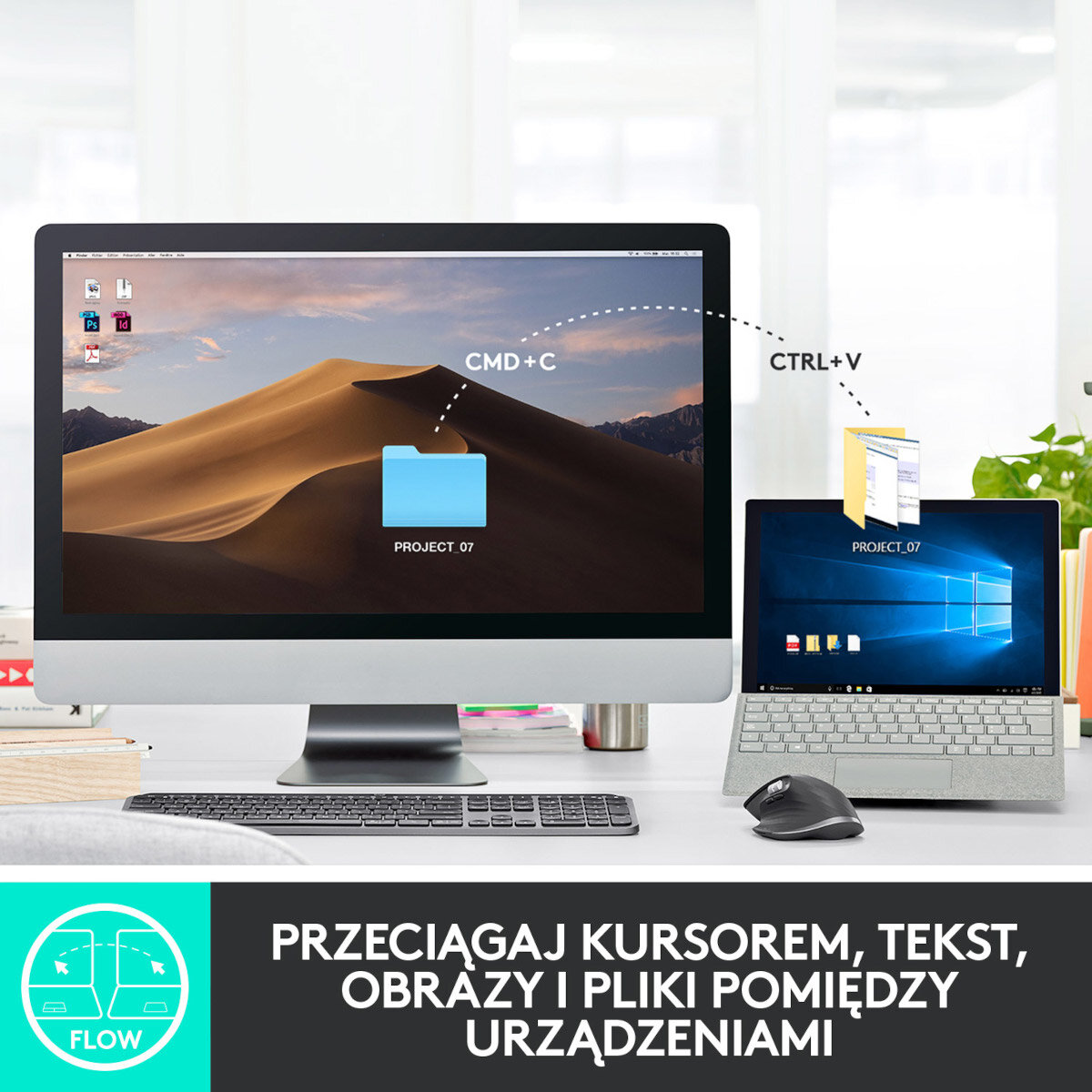 Dwa ekrany pokazują transfer plików za pomocą skrótów klawiaturowych. Jeden ma obraz pustyni.