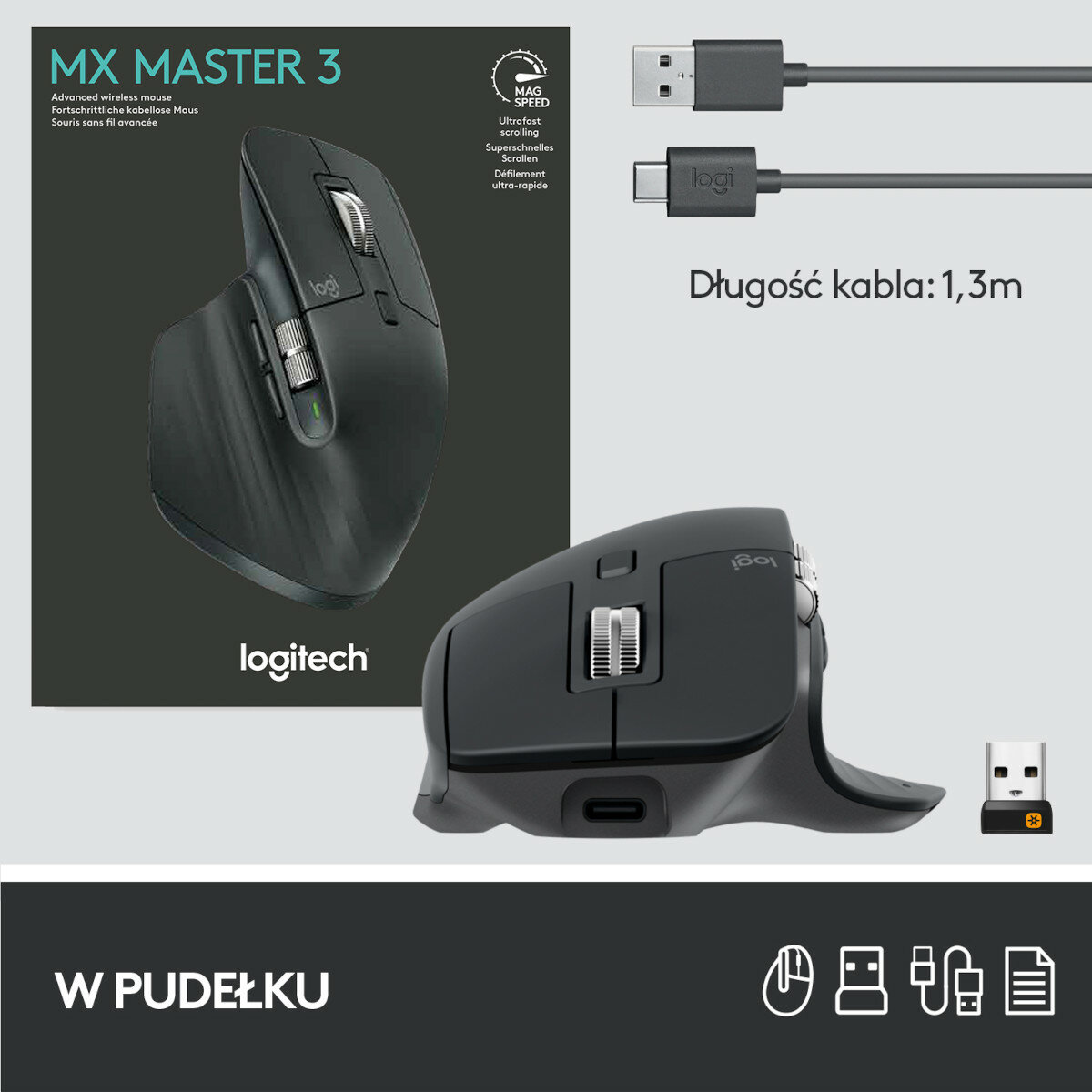 Mysz Logitech MX Master 3, kabel ładujący i odbiornik USB, ze słowami 'W PUDEŁKU'.