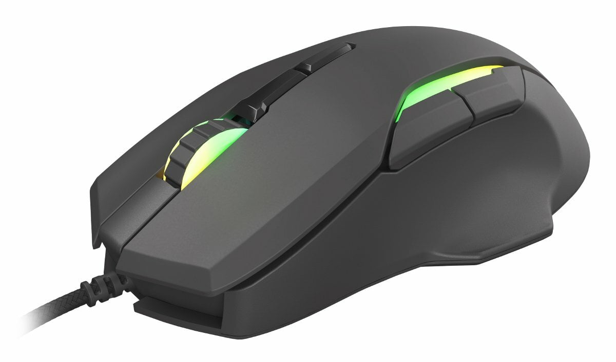 Czarna mysz do gier z kółkiem przewijania i przyciskami bocznymi. Kółko świeci na zielono.