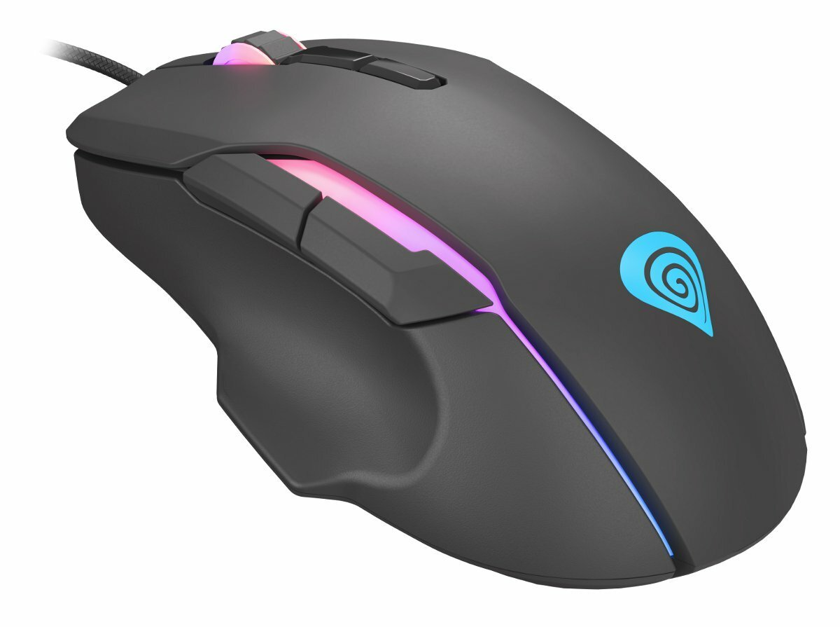 Czarna mysz do gier z kolorowymi światłami, logo i kablem.